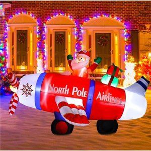 8 Ft Christmas Inflatables, Blow Up Santa Claus Flying Polar Airplane with Gift